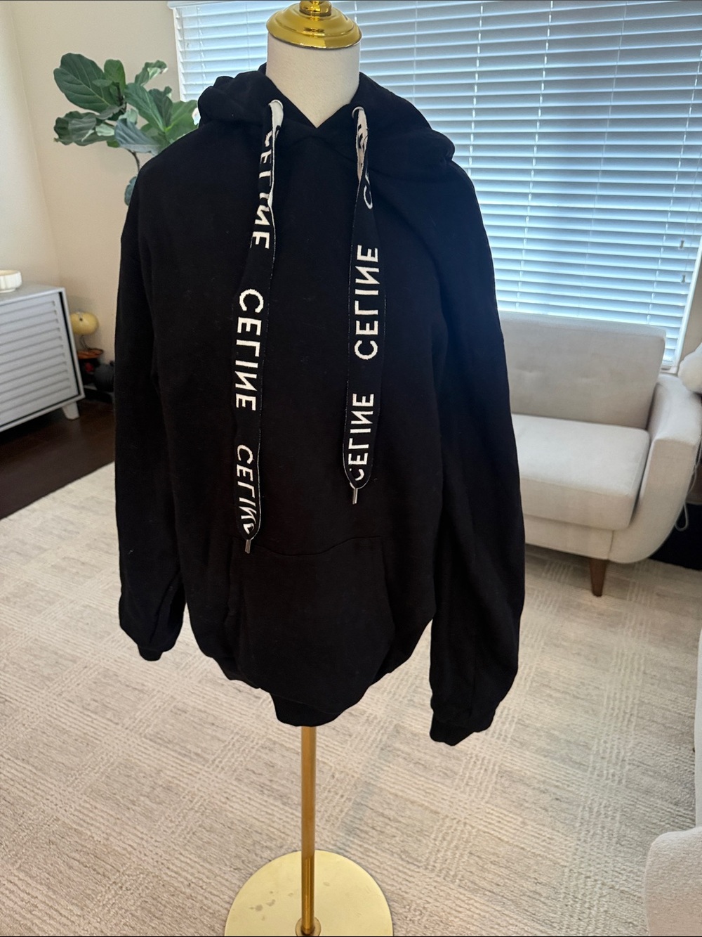 Celine Black Zip-Up Hoodie Sweater with Branded Drawstrings